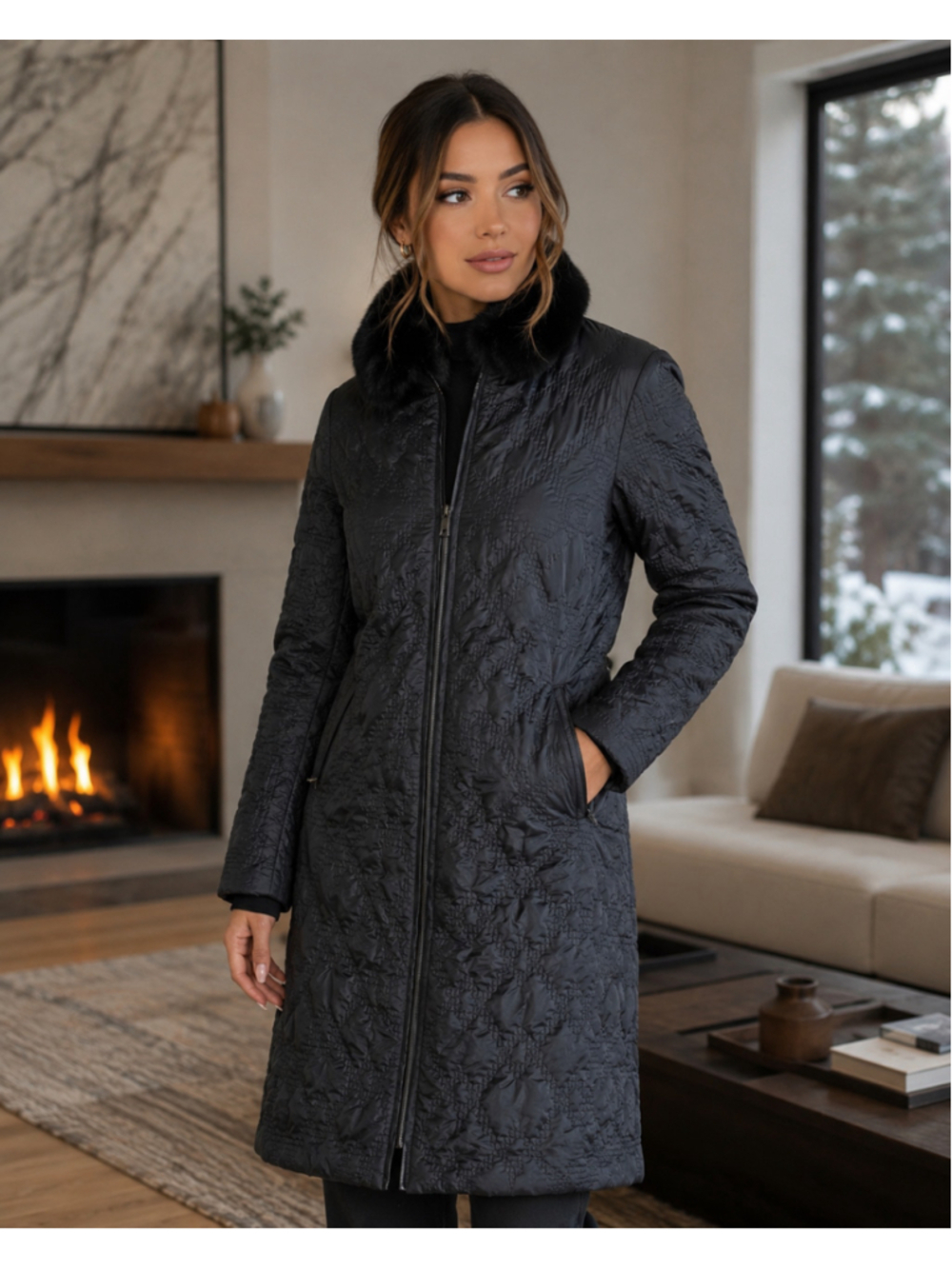 Women's Via Spiga Black Quilted Puffer Coat with Fur Collar M Summer